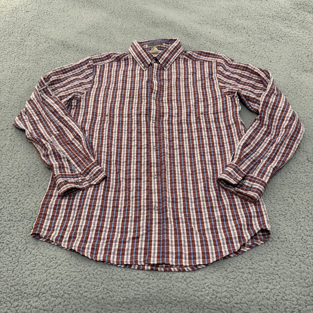 ExOfficio Shirt Mens L Plaid Long Sleeve Ventilated Snap Button Down Brown Blue
